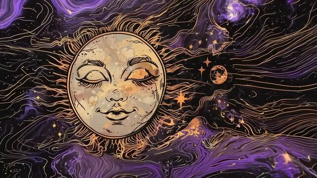 Whimsical celestial illustration with a serene sun and stars. Video captures a top-down angle, showcasing cosmic artistry and dreamy vibes. Live desktop wallpaper.