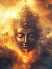 Meditating Buddha Statue with Golden Light and Clouds Serene Spiritual Art