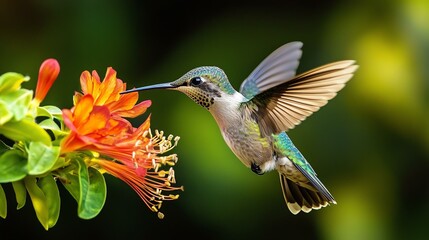 Naklejka premium A vibrant hummingbird hovers gracefully in front of a colorful flower, showcasing its iridescent feathers against a blurred green background.