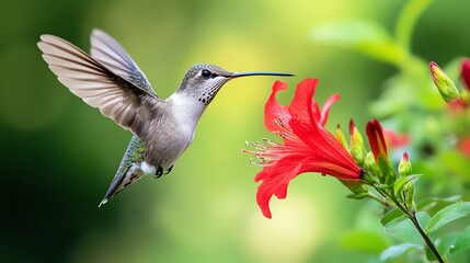 Naklejka premium A vibrant hummingbird hovers gracefully near a bold red flower, showcasing nature's beauty and the delicate balance of wildlife and flora.