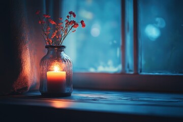 Candle Burning Brightly in Jar with Flowers Next to Window