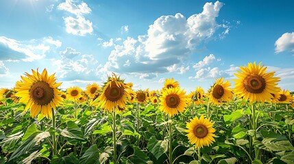 Obraz premium A vibrant sunflower field under a bright blue sky, showcasing rows of cheerful sunflowers swaying gently in the breeze, epitomizing summer beauty.