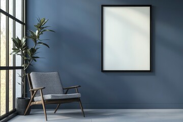 Chair and Plant in Minimalist Room with Blank Frame Mockup