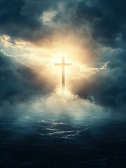 Fototapeta premium Christian Cross Shining in Heaven Over Dark Ocean with Dramatic Clouds