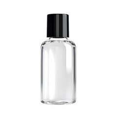 transparent domeshaped cosmetic bottle 50 ml with black metal screw cap on white background