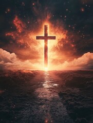 Illuminated Cross Against Dramatic Sky Symbolizing Hope and Faith