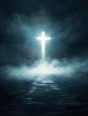 Fototapeta premium Illuminated Cross Shining in Dark Foggy Landscape for Faith Concepts