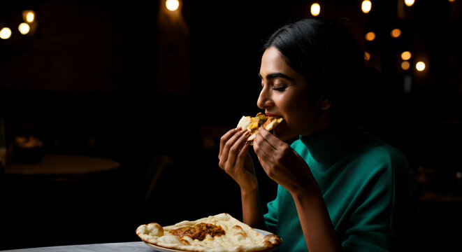 Young asian female enjoying indian cuisine in a dimly lit restaurant