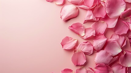Fototapeta premium Delicate pink rose petals scattered gracefully on a soft pink backdrop, perfect for conveying romance, beauty, and elegance in various designs.