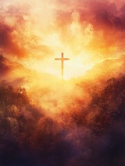 Fototapeta premium Cross Silhouette in Golden Sky with Fog and Mountains Landscape