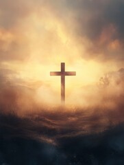 Cross Silhouette on Misty Hill at Dusk Symbolizing Faith and Hope