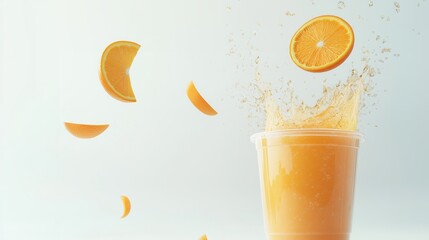 Fresh orange juice splashing in a cup with slices flying in the air during bright daylight