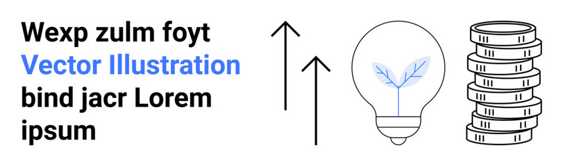 Light bulb with plant inside, rising arrows, stack of coins represent growth, eco-innovation, finance. Ideal for sustainability, business goals, financial growth, green energy success investment