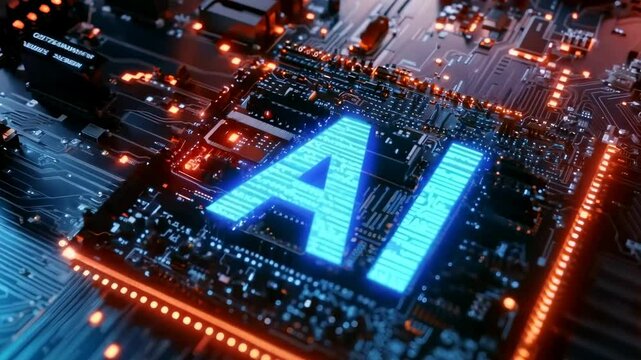 Close-up, angled view of a glowing AI chip on a circuit board, highlighting futuristic technology. Ideal for a tech-themed video concept.