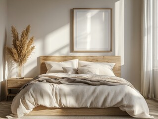 A bed with a white comforter and pillows. A framed picture is on the wall