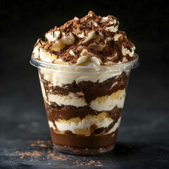 Tiramisu Schocobon nutella in a plastic cup against dark background