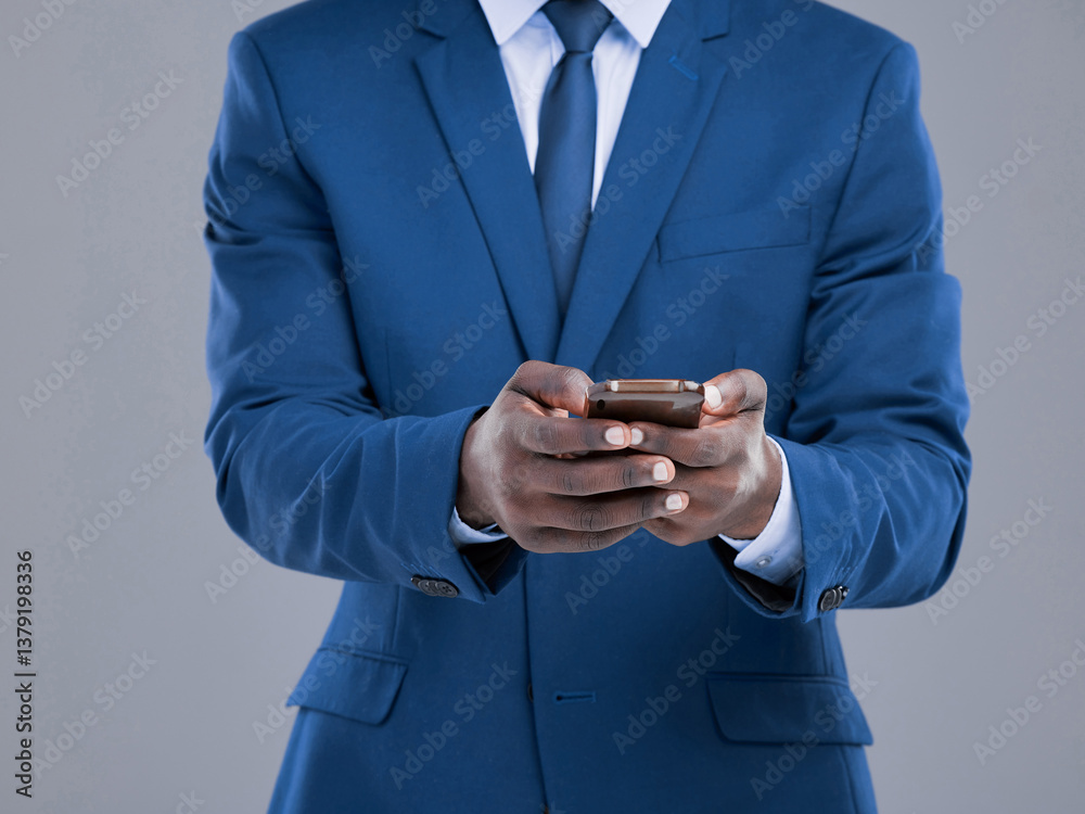 Aufkleber typing, phone and hands of business man in studio for communication, b2b networking and chat. profes