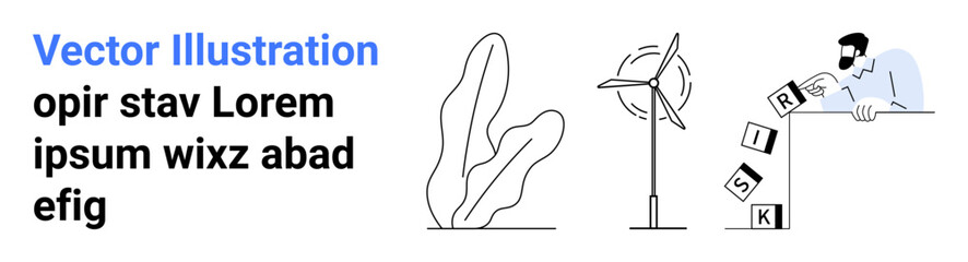 Businessman knocking over risk blocks, wind turbine symbolizing renewable energy, and abstract plant shape in modern minimal drawing. Ideal for sustainability, ecology, risk, finance, clean energy