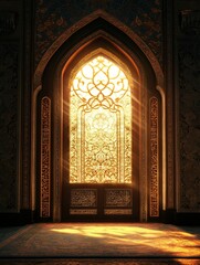 Obraz premium Ornate Doorway with Golden Light Shining Through Decorative Islamic Architecture