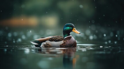 Obraz premium Duck Swimming Peacefully in Lake Under Rain with Blurred Forest Background