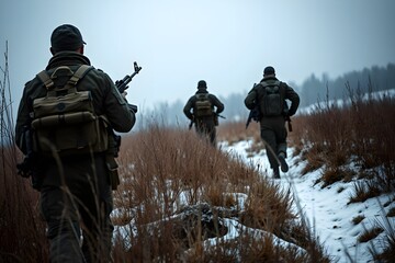 Group of soldiers in camouflage uniforms on a tactical mission in a mountainous field.