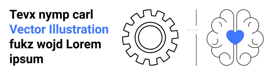 Gear cog and brain outline with a heart emphasize balance of technology, logic, and emotion. Ideal for innovation, technology, creativity, psychology, teamwork, balance simple landing page