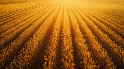 Top-Down Drone View of Golden Wheat Field with Geometric Tractor Paths in Soft Sunset Light