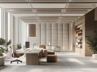 A large office with a wooden wall and a brown desk. There are two potted plants in the room