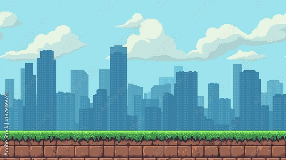 Poster 8-bit pixel art game level background. silhouette city skyline. side scrolling game. blue sky with clouds. simple game map template. 2D retro video game style. pixelated video animation.