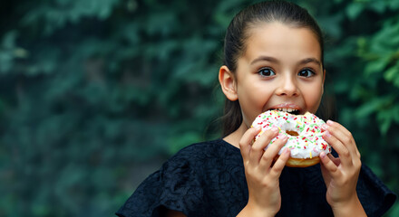 Naklejka premium Young hispanic girl enjoying sprinkled donut outdoors with joyful expression