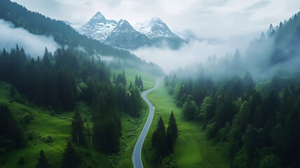 Aerial View of Winding Mountain Road Through the Alps with Snow-Capped Peaks and Morning Fog