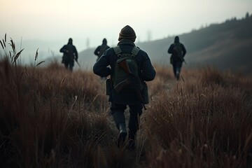 Group of soldiers in camouflage uniforms on a tactical mission in a mountainous field.