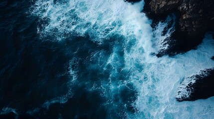 Aerial Top-Down View of Ocean Waves Crashing Against Rugged Cliffs with Dramatic Contrast