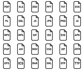 Set of File type icon, files format sign. Vector illustration.