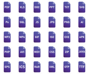 Set of File type icon, files format sign. Vector illustration.