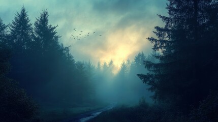 Naklejka premium Foggy Forest Path with Pine Trees and Birds at Dusk Landscape