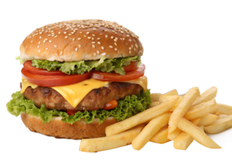 Delicious cheeseburger with fresh toppings and crispy fries