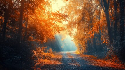 Walking Through Forest Path with Sunlight Shining Through Autumn Trees