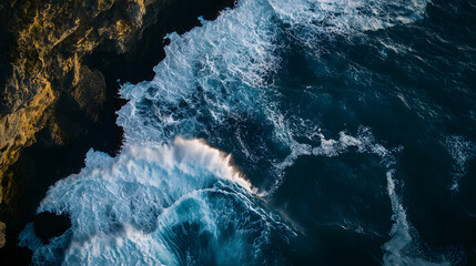 Aerial Top-Down View of Ocean Waves Crashing Against Rugged Cliffs with Dramatic Contrast