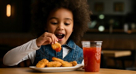African child enjoying chicken nuggets with sauce in casual restaurant setting