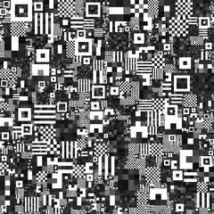 An abstract pattern with black and white geometric shapes, creating a fragmented or pixelated effect.