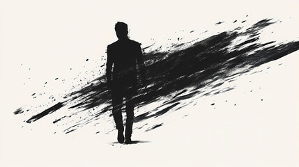 Fototapeta premium A man's silhouette with a brushstroke effect, creating a sense of movement and fading memories. black and white palette evokes mystery. Fading Memory. Illustration