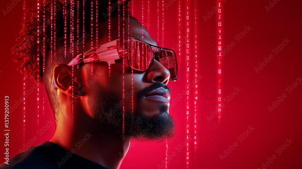 Poster man looking confidently with futuristic sunglasses on in front of a dynamic red backdrop featuring f