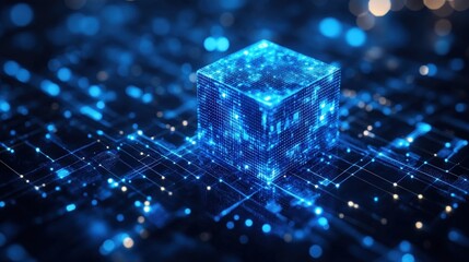 Blue cube linked to a network of lines and dots. Abstract 3D render with blurred background creates depth and a futuristic feel