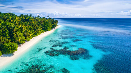 Aerial Drone Shot of Tropical Island with Turquoise Waters, White Sand Beaches, and Coral Reef