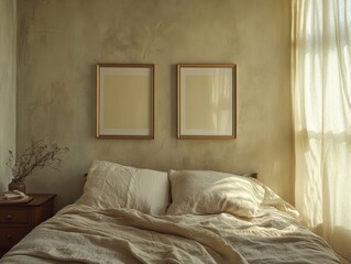 A bed with two framed pictures on the wall. The bed is covered in white sheets and pillows