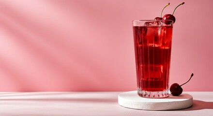 Refreshing cherry juice in tall glass on minimalistic pink background