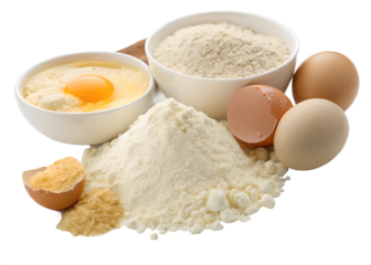 Baking ingredients eggs, flour, and sugar on a clean background