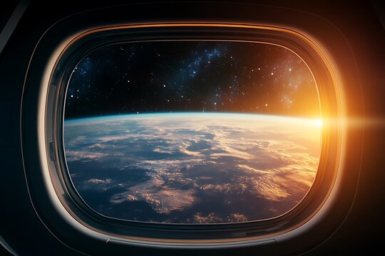 Sunrise over planet earth seen from spaceship window, breathtaking view of the blue planet