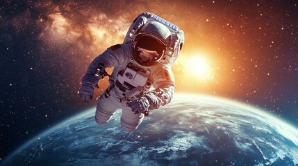 Astronaut Spacewalk Above Earth During Sunrise